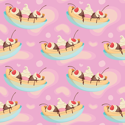 Colorful repetitive pattern background of banana split dessert made of simple vector illustrations.