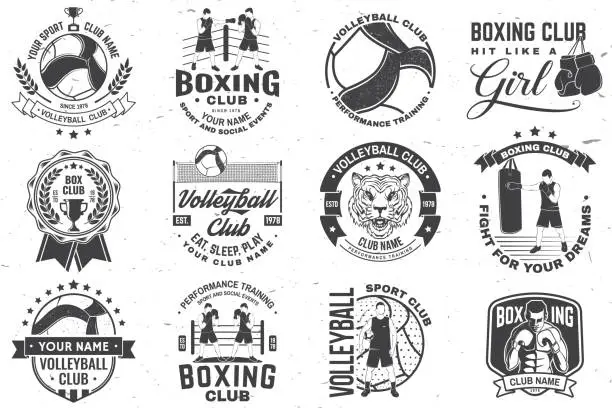 Vector illustration of Set of Boxing club and Volleyball club badge, logo design. Vector. Vintage monochrome label, sticker with volleyball ball, player, referee whistle, Boxer, gloves, boxing jump rope and shoes.