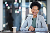 Happy business portrait of black woman planning company project, goals and startup management career. Professional employee, Human Resources manager or person ideas, vision for success and leadership