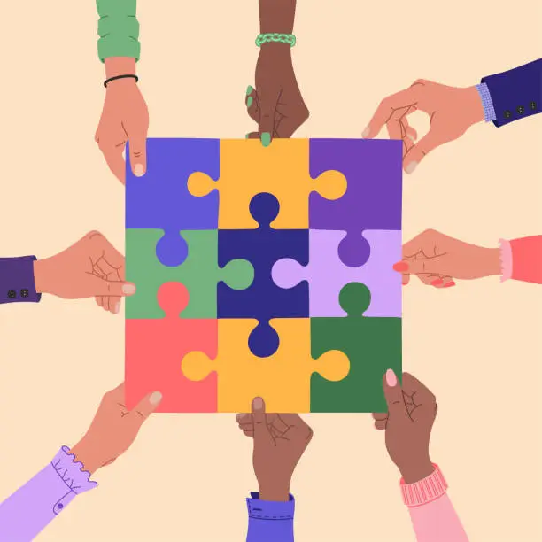 Vector illustration of Human hands holds a pieces of puzzle. Business solution concept. Teamwork, problem solving.