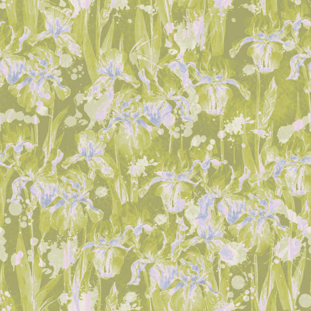 istock Summer meadow iris flowers watercolor monochrome seamless pattern on green background 1488359033