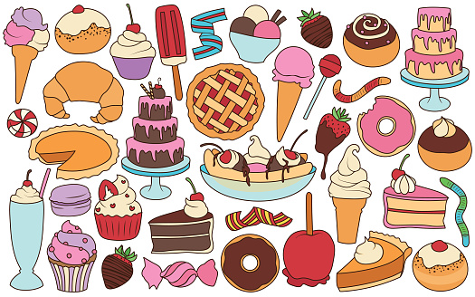 Set of different sweet colorful cartoon desserts, pastry and sweets. Isolated hand drawn vector illustrations.