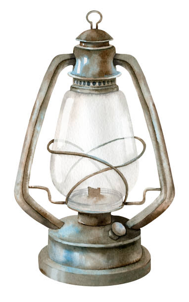 ilustrações de stock, clip art, desenhos animados e ícones de vintage lantern. hand drawn watercolor illustration of old kerosene lamp on isolated white background. retro metal equipment for travel and adventure. antique rusty glass element for icon or logo - oil lantern