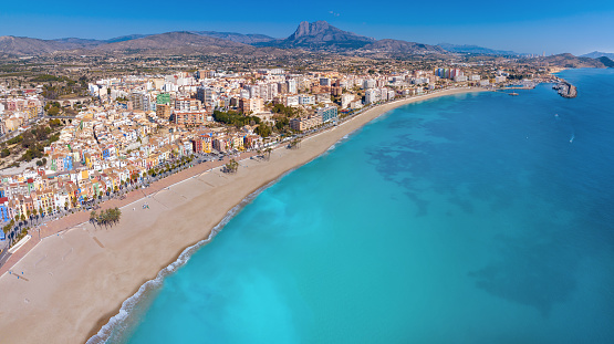 Villajoyosa aerial skyline in Alicante La vila beach sunny drone aerial view in summer Mediterranean sea of Spain Costa Blanca, Marina baja