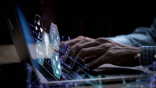 istock Businessman touch on the virtual screen Internet connection. Digital marketing and global internet connection application technology, Digital link tech,Financial daily life. 1488359731