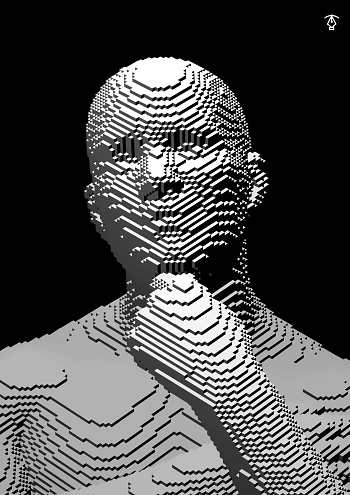 Time to think. A man with his hand on his chin as though he was thinking. Artificial intelligence concept. Searching for answers. Your personal assistent. Voxel art. 3D vector illustration.
