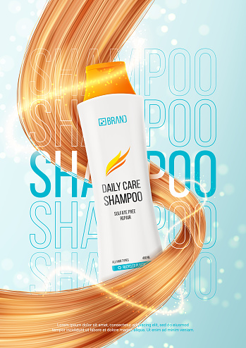 Ad poster of hair shampoo or conditioner. 3d vector illustration of cosmetic product. Realistic bottle and hair strands for promotion of female shampoo. Beauty product advertising.