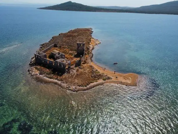 Drone Shot of an Island with old buildings in Ayvalik / Turkey