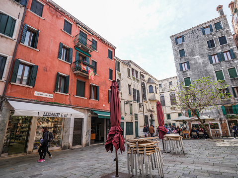 Venice, Italy - April 23, 2023: High resolution. Beautiful old buildings in the Jewish ghetto in Venice. The Venetian ghetto was instituted in 1516.