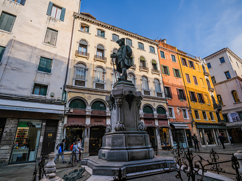 Venice, Italy - April 23, 2023: High resolution. Monument for Carlo Goldoni (1707-1793), an Italian playwright and librettist from the Republic of Venice.