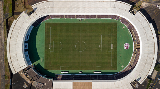 Aerial view of football stadium Allianz Arena. It designed by Herzog  de Meuron and ArupSport. MUNICH, GERMANY - AUGUST 2022