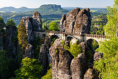 Morning view Bastei rocks and bridge in Saxon Switzerland, Germany