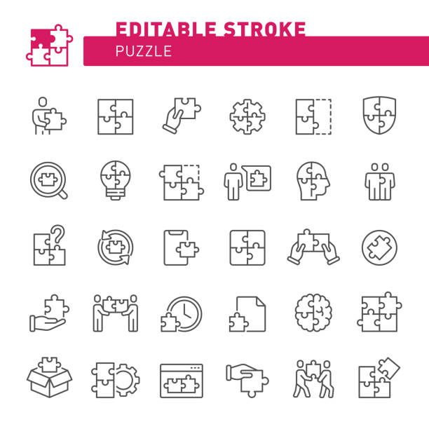 Puzzle Icons Puzzle, jigsaw piece, icon, icon set, strategy, solution, planning, brain, business, business strategy, creativity, human resources, analyzing jigsaw-puzzle stock illustrations