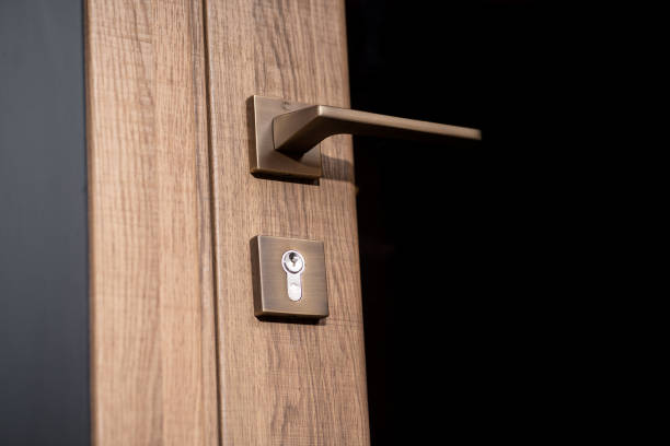 istock modern and secured metal closed door handle detail 1488368543