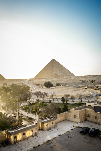 Egypt. Cairo - Giza. General view of pyramids from the Giza Plateau. three pyramids known as Queens' Pyramids, in background: the Pyramid of Menkaure Mykerinos, Khafre Chephren and Chufu Cheops