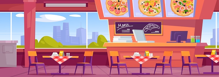 Vector illustration of a modern pizzeria interior design. Cartoon style restaurant or fast food kitchen background with a counter, oven, furniture, empty tables and Italian pizza on the menu.