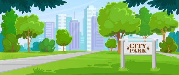 City park with entrance sign in landscape view. Cartoon style vector background City park with entrance sign in landscape view. Public garden in beautiful summer weather with green grass, trees, buildings on the horizon and no people. Cartoon style vector background. garden pathway stock illustrations