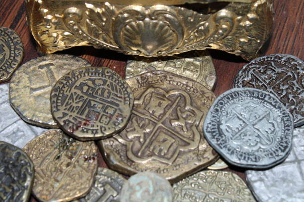 Heap of coins on display at a street market