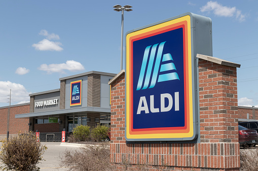 Warsaw - Circa May 2023: Aldi Discount Supermarket. Aldi sells a range of grocery items, including produce, meat and dairy at discount prices.