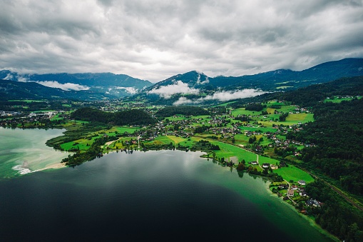 Drone captures from austrian mountains and lakes from the air birds eye view.