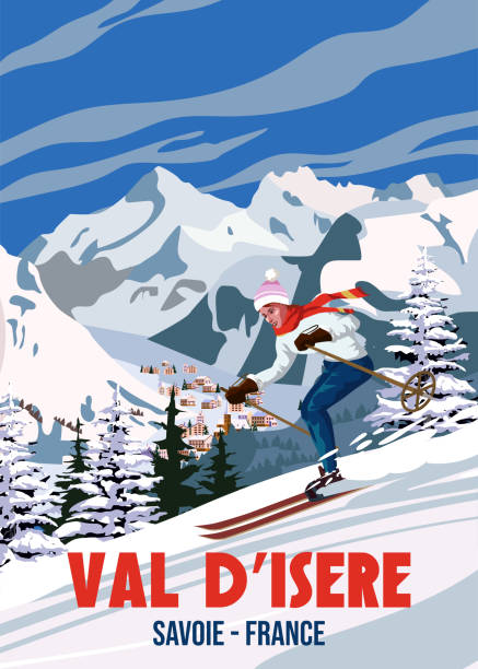 туристический плакат ski val d'isere resort vintage. карта путешествия по зимнему пейзажу франции - val disere stock illustrations