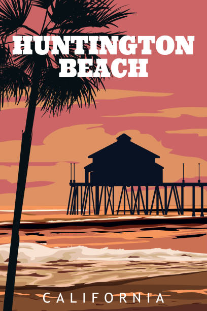 ilustrações, clipart, desenhos animados e ícones de poster de viagem retrô huntington beach califórnia vetor - huntington beach