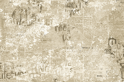 Newspaper paper grunge aged newsprint pattern background. Vintage old newspapers template texture. Unreadable news horizontal page with place for text, images. Gray sepia beige color art collage.