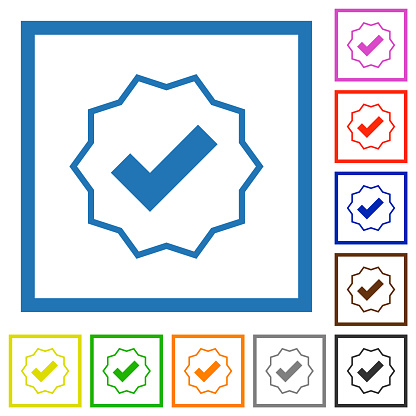 Verified sticker outline flat color icons in square frames on white background