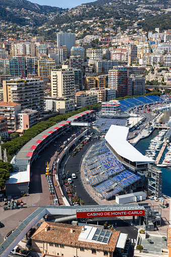 Grandstands being prepared for the Monaco Grand Prix, on the edge of Port Hercule