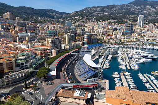 Grandstands being prepared for the Monaco Grand Prix, on the edge of Port Hercule