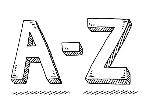 Hand-drawn vector drawing of a A-Z Text. Black-and-White sketch on a transparent background (.eps-file). Included files are EPS (v10) and Hi-Res JPG.