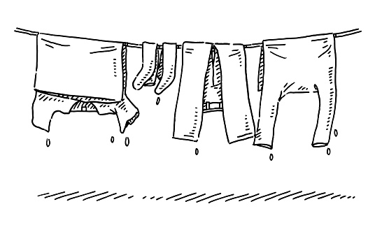 Hand-drawn vector drawing of a Clothes Line Drying. Black-and-White sketch on a transparent background (.eps-file). Included files are EPS (v10) and Hi-Res JPG.