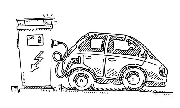 Vector illustration of Electric Car Charging Station Drawing