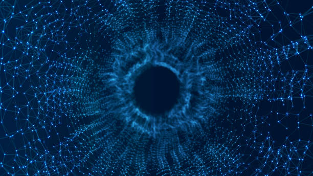 istock Digital binary data tunnel. Abstract connection of dots and lines on dark background. Concept of network. 3D 1488381094