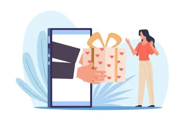 Vector illustration of Woman gets box with gift from her phone screen, loyalty program and bonus, internet shopping, sale and discount, product promotion. Cartoon flat isolated vector online reward concept
