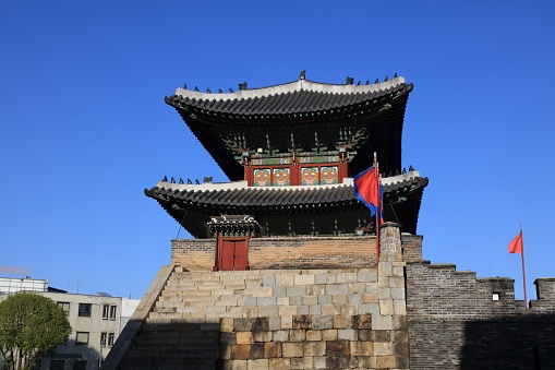 Suwon city, South Korea. Paldalmun gate of Hwaseong Fortress. UNESCO World Heritage Site.