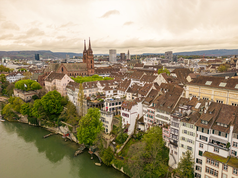 Germany, View over skyline, roofs, houses and tower of city fellbach near stuttgart from above in autumn season