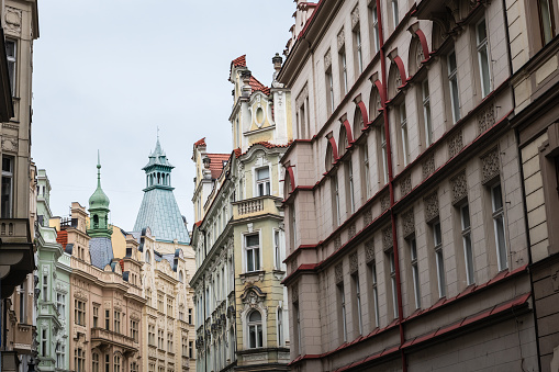 Facades of historic houses in Stare Mesto, the Old Town and heart of Prague, Czech Republic.