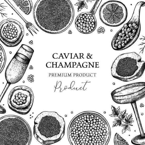 ilustraciones, imágenes clip art, dibujos animados e iconos de stock de diseño de montura de caviar y champán - caviar