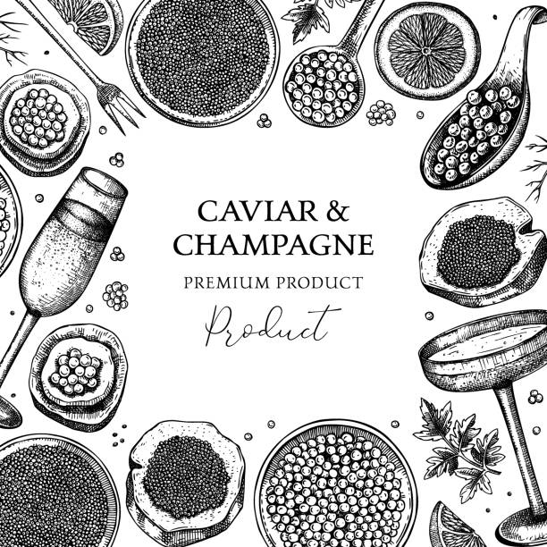 illustrazioni stock, clip art, cartoni animati e icone di tendenza di design del telaio in caviale e champagne - caviar