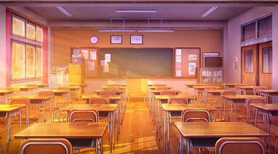 High school classroom at classroom , Anime background.