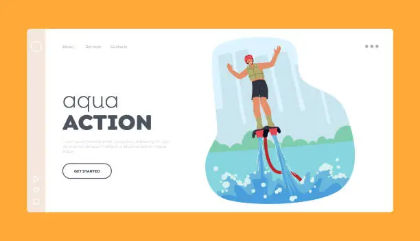 Vector illustration of Aqua Action Landing Page Template. Man Character Soaring On Flyboard With Water Propulsion, Performing Aerial Tricks