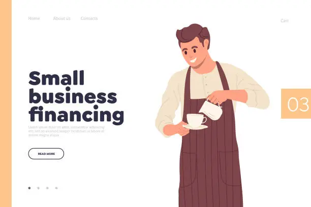 Vector illustration of Landing page design template for online service offering coffee-shop small business financing