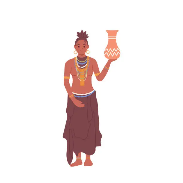 Vector illustration of African aboriginal woman in traditional clothes holding native clay jug isolated on white background