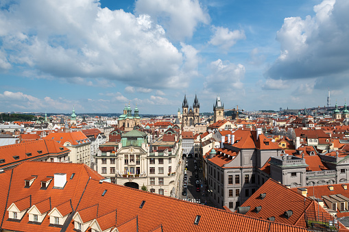 Aerial panoramic view of Prague, with the Church of Our Lady before Tyn to be recognised against a cloudy sky.