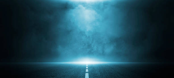 Abstract environment thunderstorm, dark blu empty street, asphalt floor, studio room with smoke floating up the interior texture, transportation  background, spotlight, future digital technology