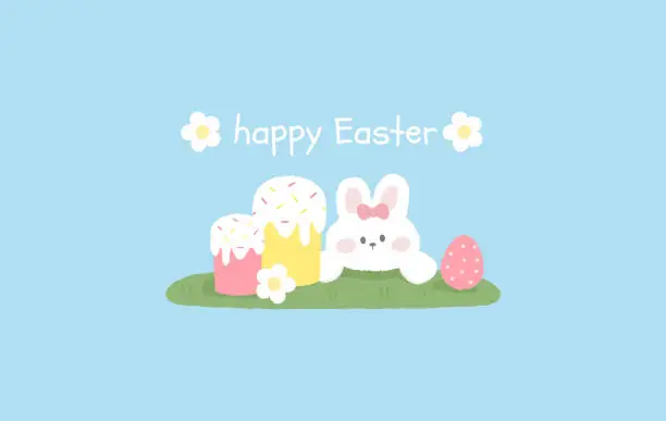 Vector illustration of Happy Easter. Cute Bunny with a carrot and friend. Vector