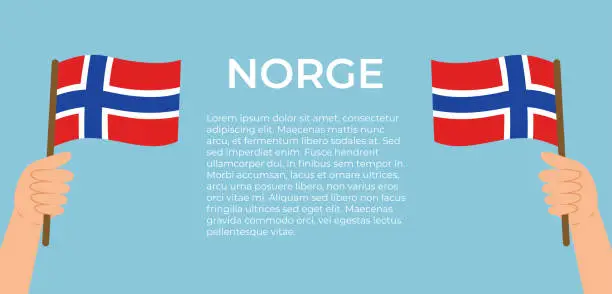 Vector illustration of Template with hands holding Norwegian flags on blue background. Suitable for Grunnlovsdag (Constitution Day) or other national celebrations.