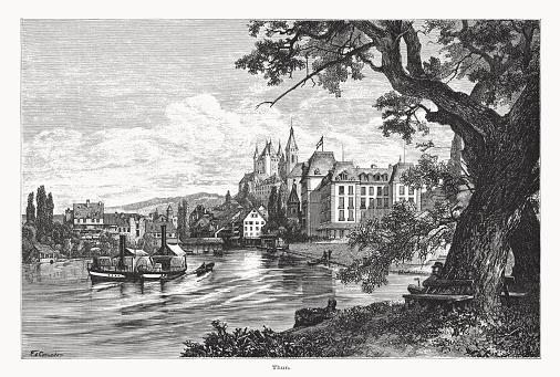 Historical view of Thun - a town and a municipality in the administrative district of Thun in the canton of Bern in Switzerland. Wood engraving after a drawing by Edward Theodore Compton (English painter, 1849 - 1921), published in 1877.