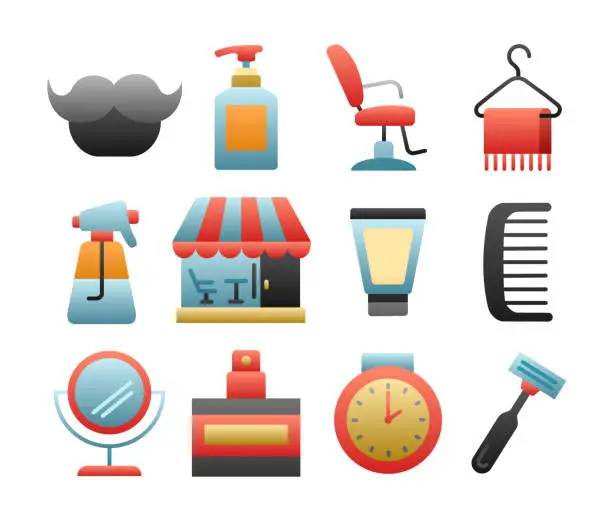 Vector illustration of Barbershop Flat Gradient Icons Set